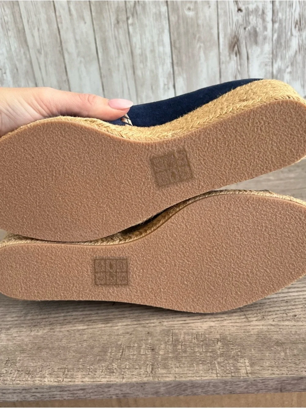 Jack Rogers Navy Gold Espadrille Wedge Peep-Toe Preppy Nautical Cape Size 9